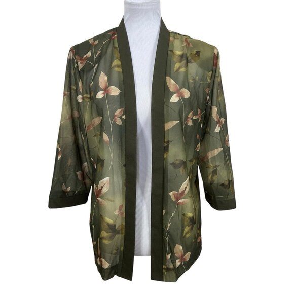 Sara Morgan Tops - Sara‎ Morgan Open Front Blouse Green Floral Semi Sheer Top With Necklace L Large